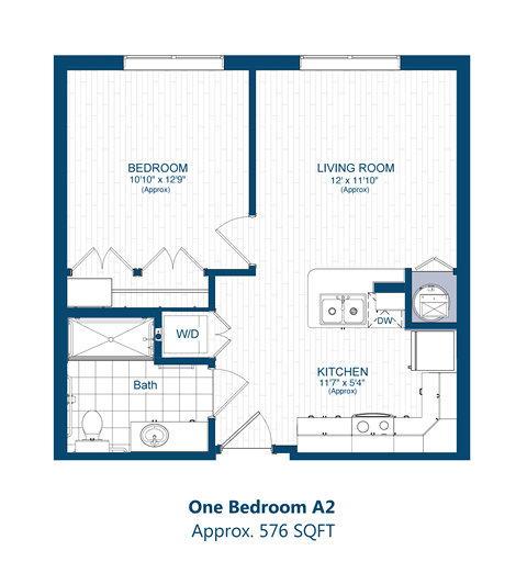 Floor plan for 1 bed, 1 bath, 588 sqft
